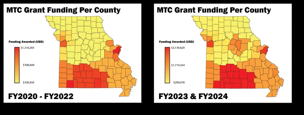 Geographic heat map showing grant funding distribution across Missouri