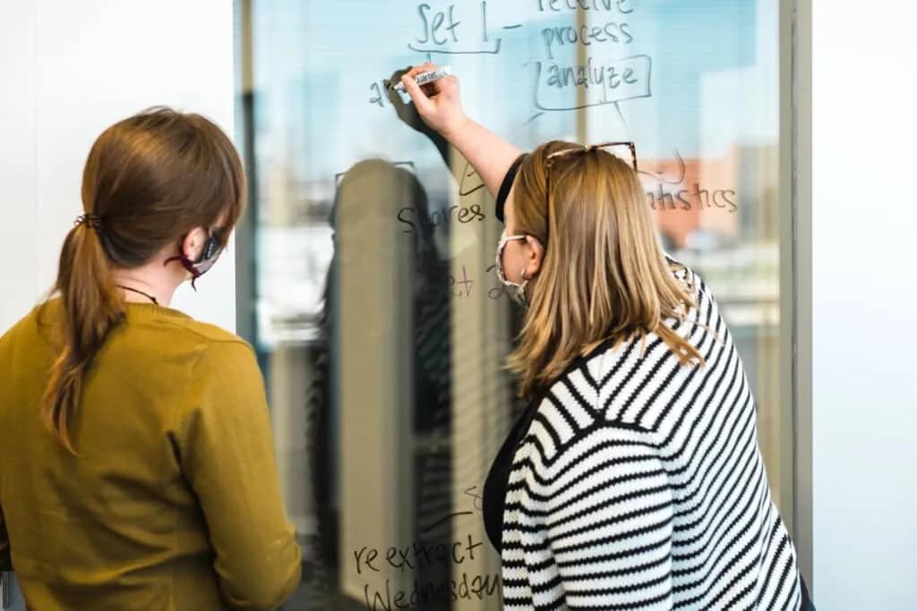 Entrepreneurs planning at a whiteboard